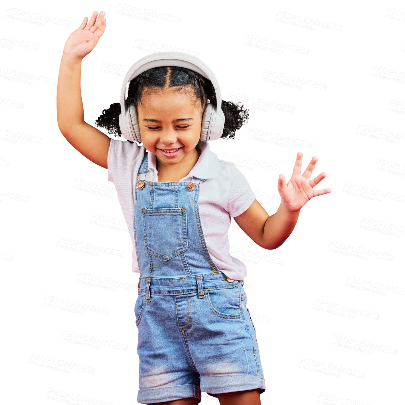 Buy stock photo Music headphones, dance and kid smile isolated on a transparent png background. Radio, happy and African girl child listening while streaming sound, audio or podcast, media and hip hop with energy