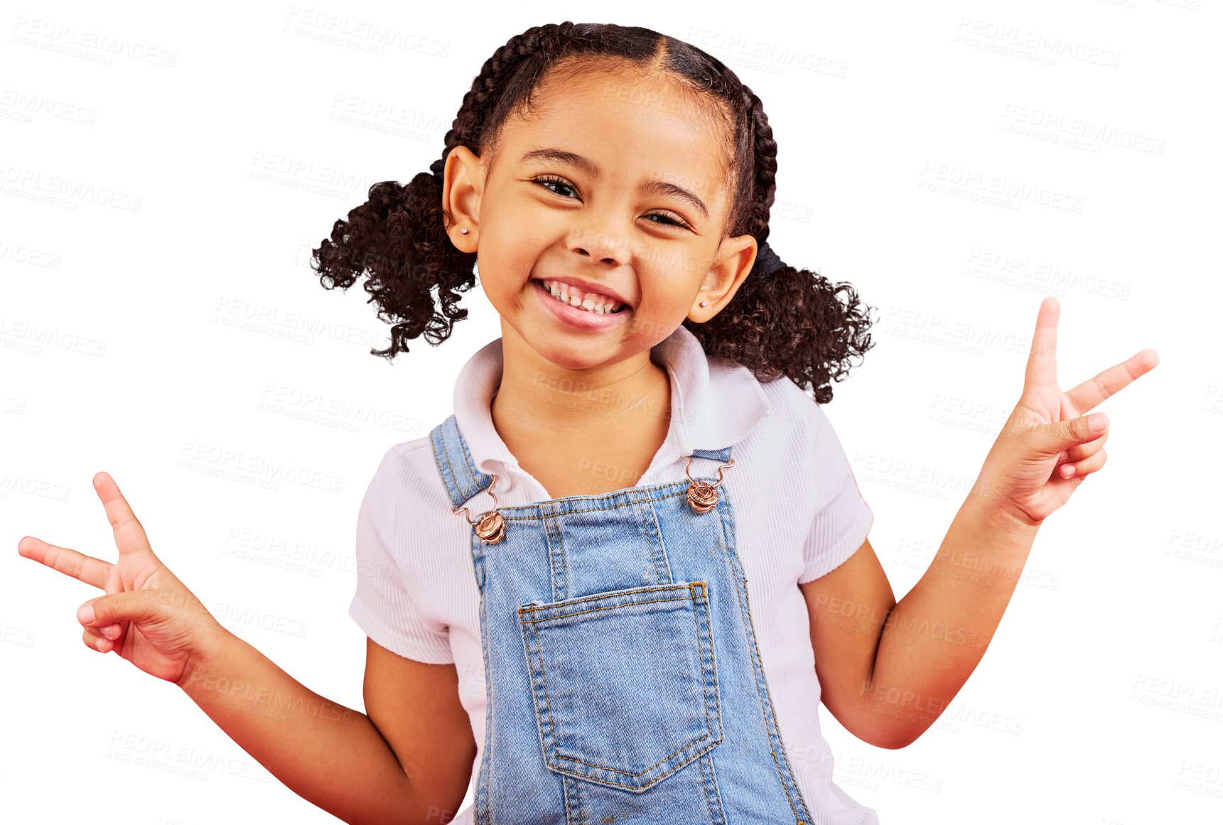 Buy stock photo Hands, peace sign and portrait of kid, girl or child in kindergarten with happiness on isolated, transparent or png background mockup. Happy, face and emoji gesture or model for fashion or clothes