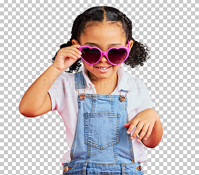 Little girl, fashion and heart sunglasses on isolated red backgr