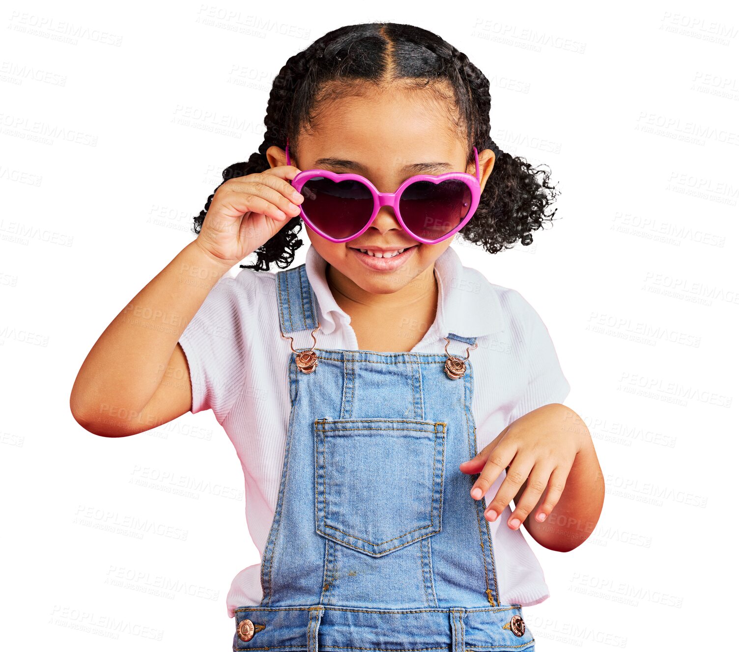 Buy stock photo Isolated girl child, sunglasses and fashion with smile, portrait or confident in clothes by transparent png background. Happy young kid, heart frame glasses or happy for eyewear, lens or summer style