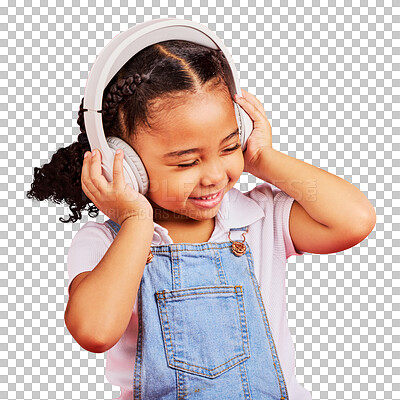 Happy, child and headphones for music, radio and fun podcast on