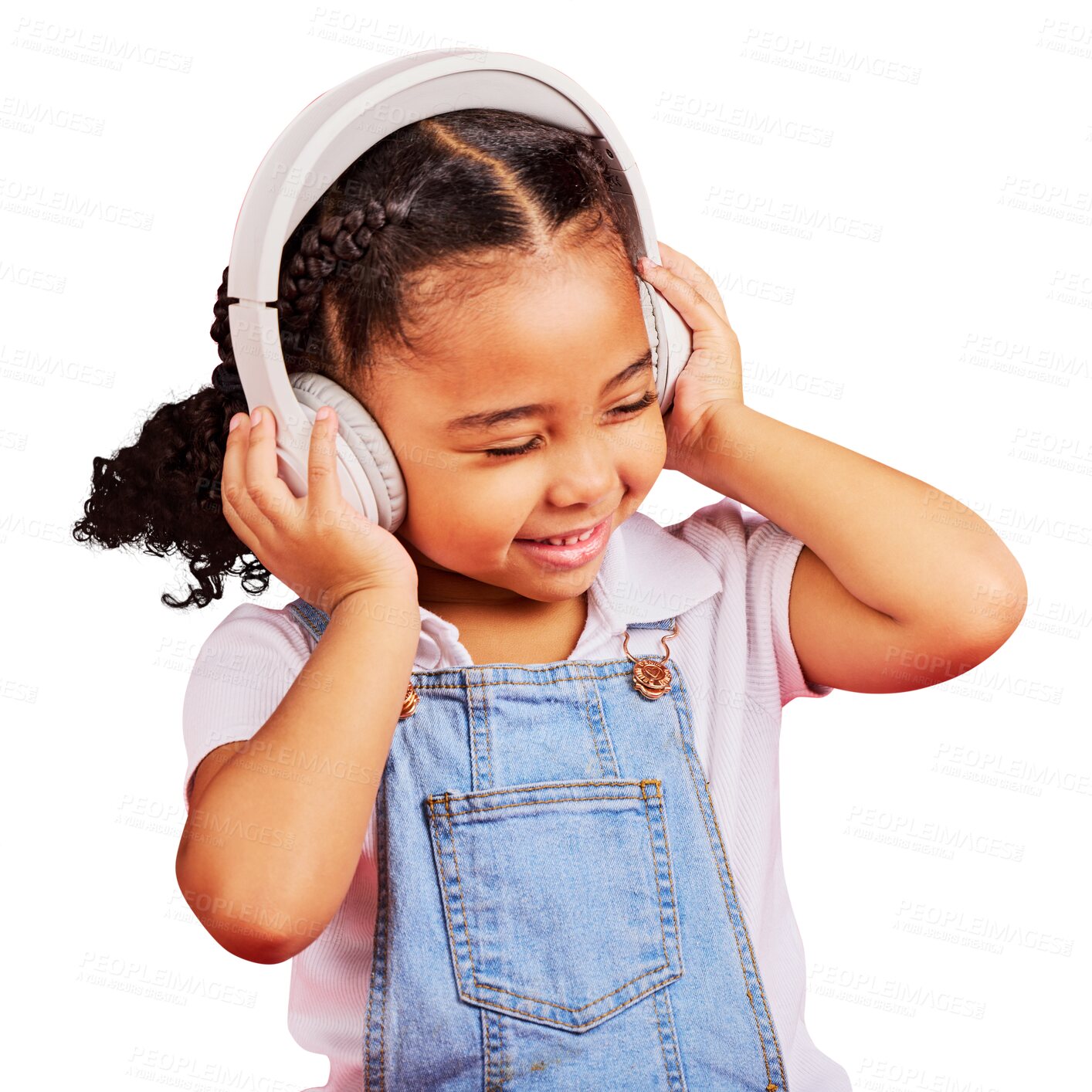 Buy stock photo Music headphones, happy and kid listening isolated on a transparent png background. Radio, smile and African girl child hearing while streaming sound, audio or podcast media, jazz and hip hop song.