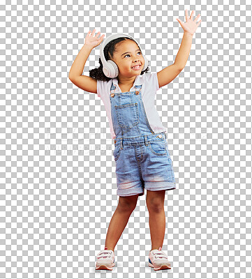Buy stock photo Dancing, music headphones and kid smile isolated on a transparent png background. Radio, happy and African girl child listening while streaming sound, audio or podcast, media and hip hop with energy