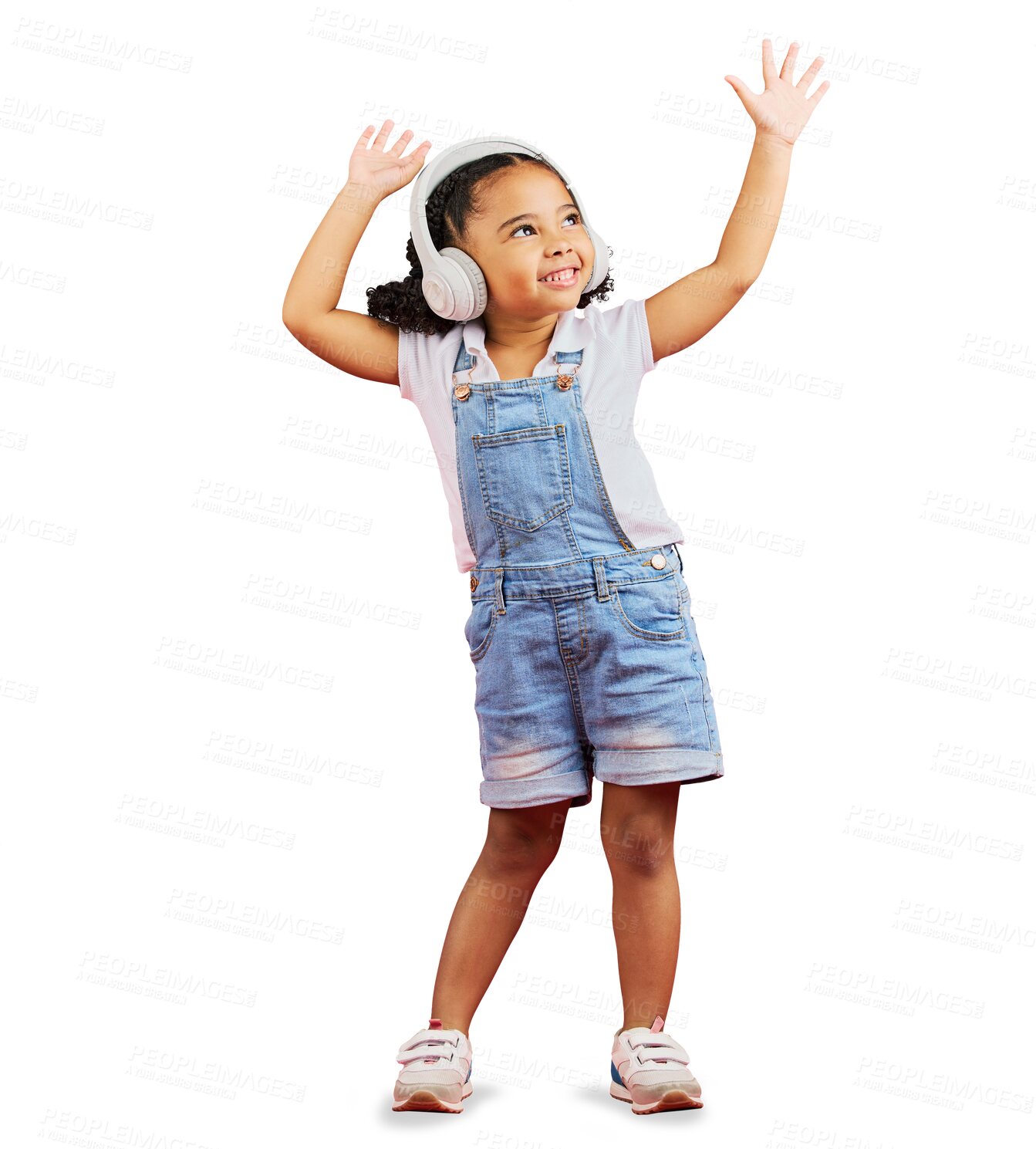 Buy stock photo Dancing, music headphones and kid smile isolated on a transparent png background. Radio, happy and African girl child listening while streaming sound, audio or podcast, media and hip hop with energy