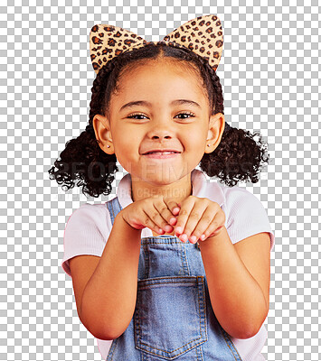 Buy stock photo Portrait, excited and kid with cat ears or happy in png or isolated and transparent background. Girl, smile and face with animal fashion or hands for fun with headband for comedy or silly with child.