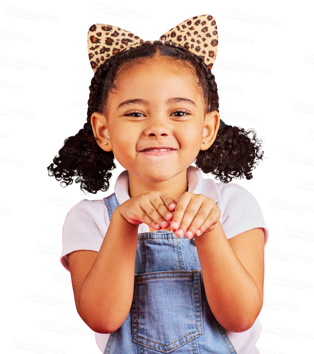Buy stock photo Portrait, excited and kid with cat ears or happy in png or isolated and transparent background. Girl, smile and face with animal fashion or hands for fun with headband for comedy or silly with child.