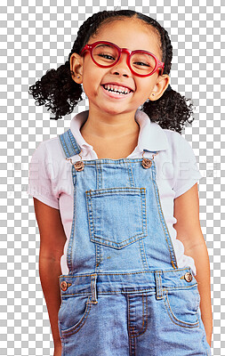 Buy stock photo Happy, portrait and girl with glasses, style or happiness isolated against a transparent background. Png, female child or kid with eyewear, health or wellness with a smile, optometry frames or vision