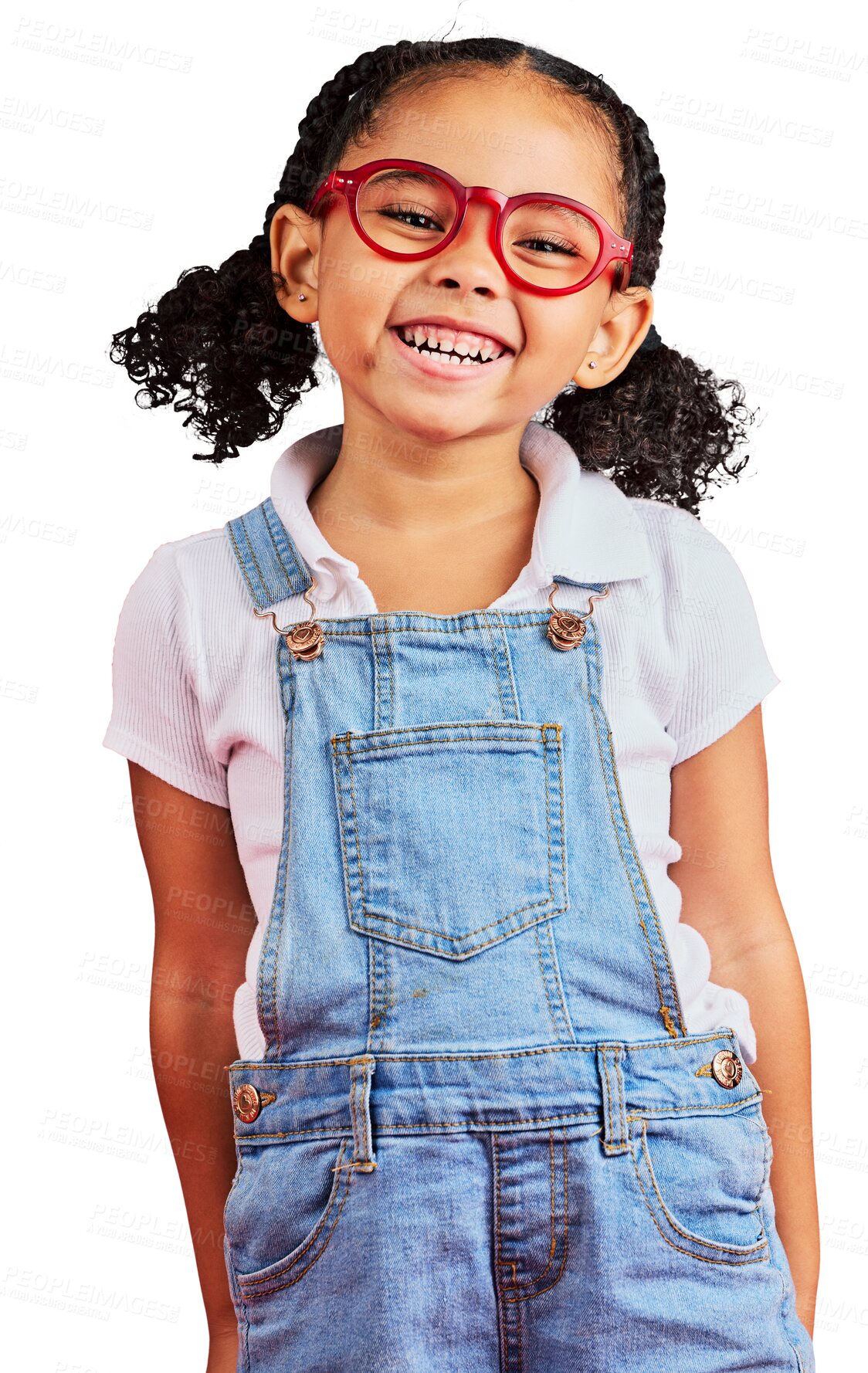 Buy stock photo Happy, portrait and girl with glasses, style or happiness isolated against a transparent background. Png, female child or kid with eyewear, health or wellness with a smile, optometry frames or vision