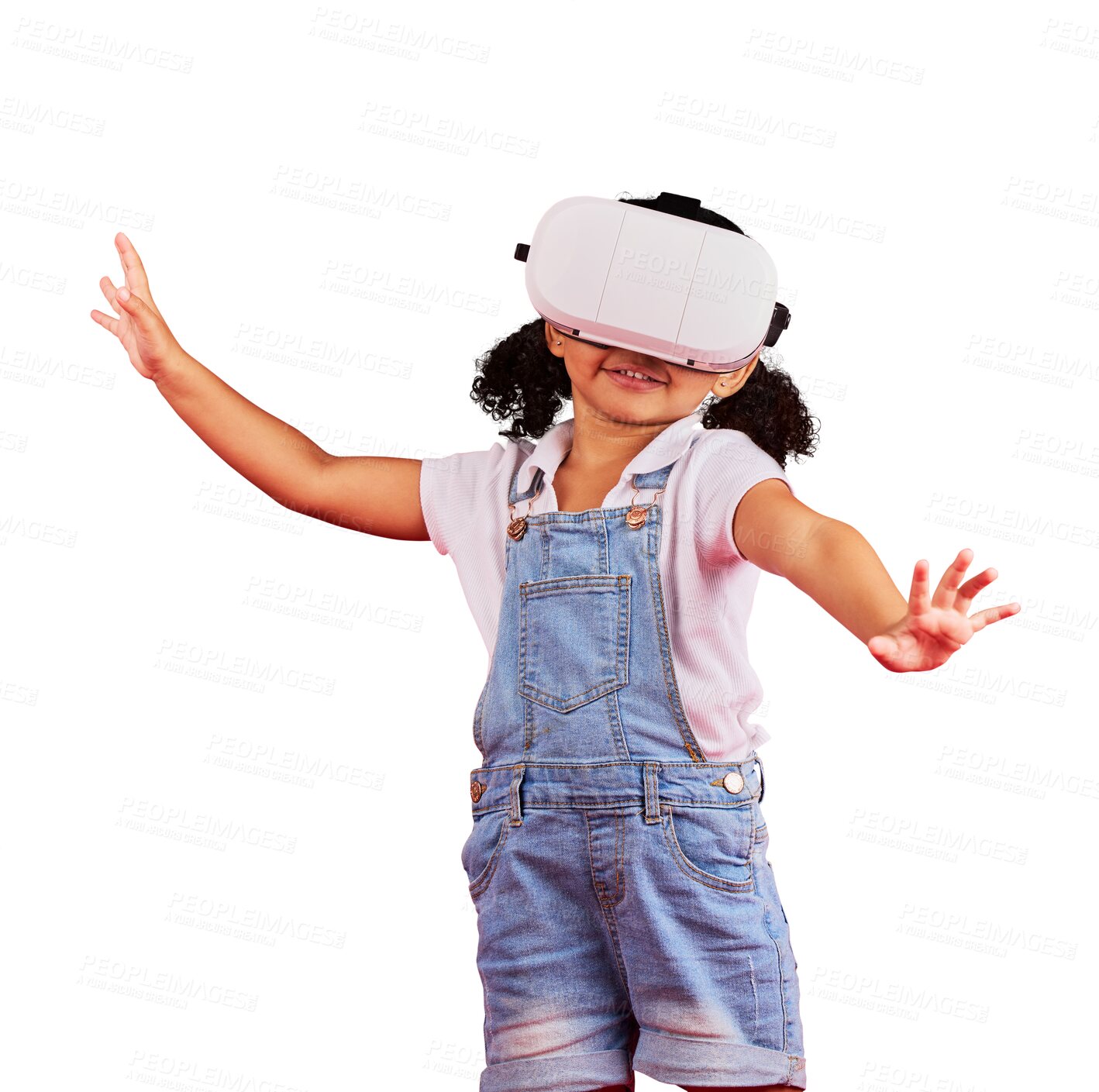 Buy stock photo Playing, virtual reality and metaverse with girl and glasses for digital transformation, video games and innovation. Happy, tech and a child with vr headset isolated on a transparent png background