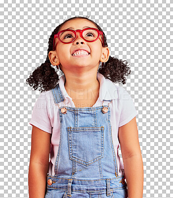 Buy stock photo Looking up, girl and fashion glasses with a smile, health and optometry frames isolated on a transparent background. Female child, sight and happy kid with eyewear, wellness and png with clear vision