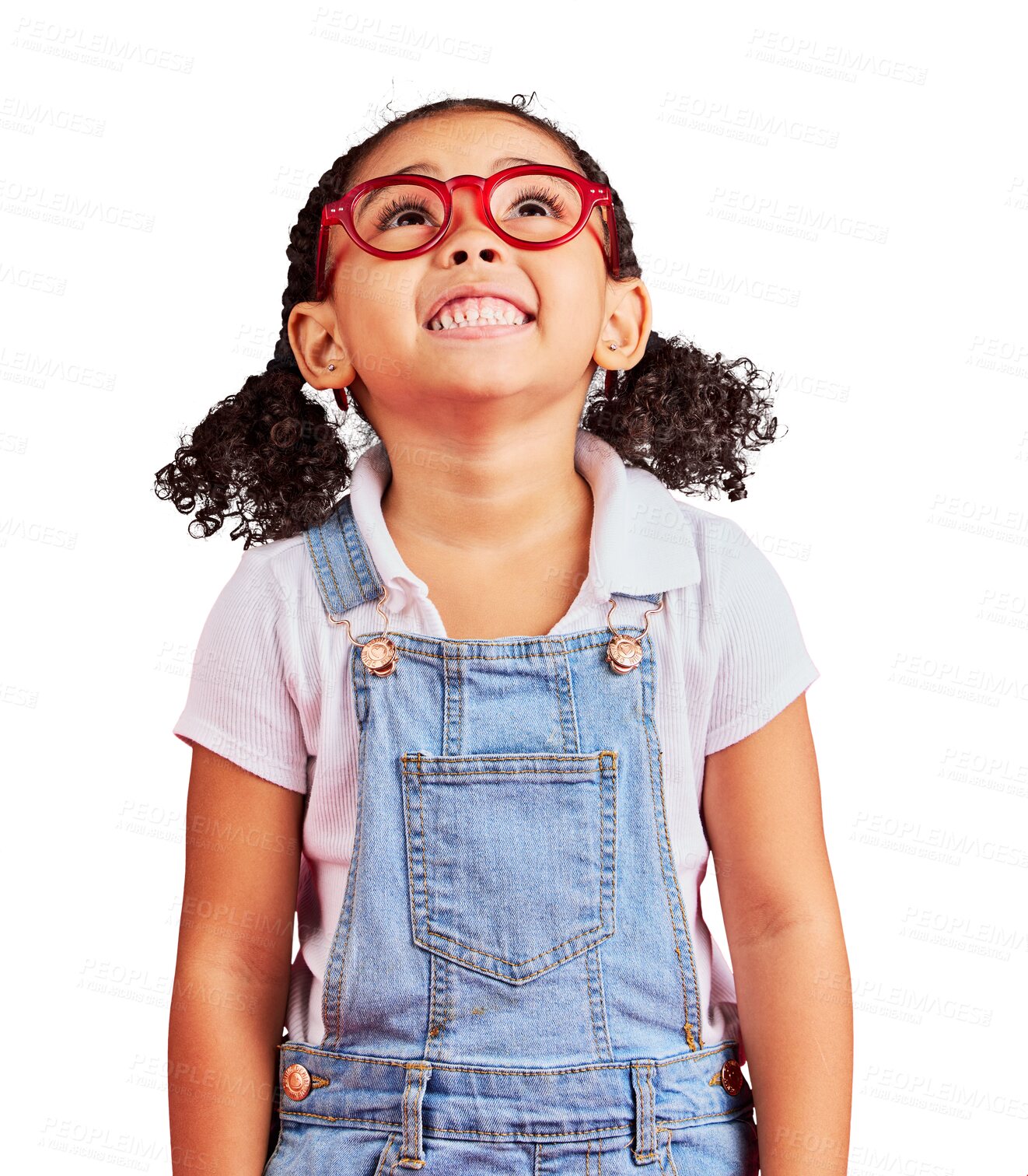 Buy stock photo Looking up, girl and fashion glasses with a smile, health and optometry frames isolated on a transparent background. Female child, sight and happy kid with eyewear, wellness and png with clear vision