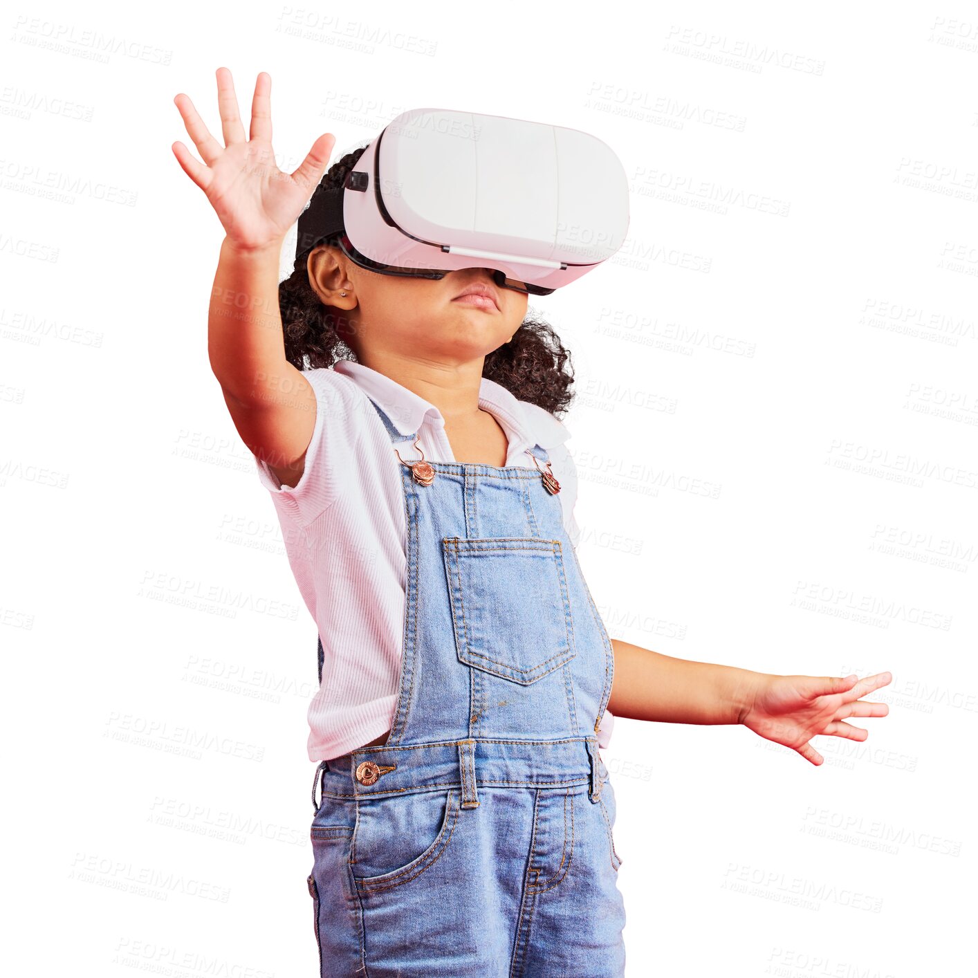 Buy stock photo Young kid, girl with virtual reality and digital world, gaming and experience isolated on png transparent background. Metaverse, 3D and female child, VR goggles and video games with future technology