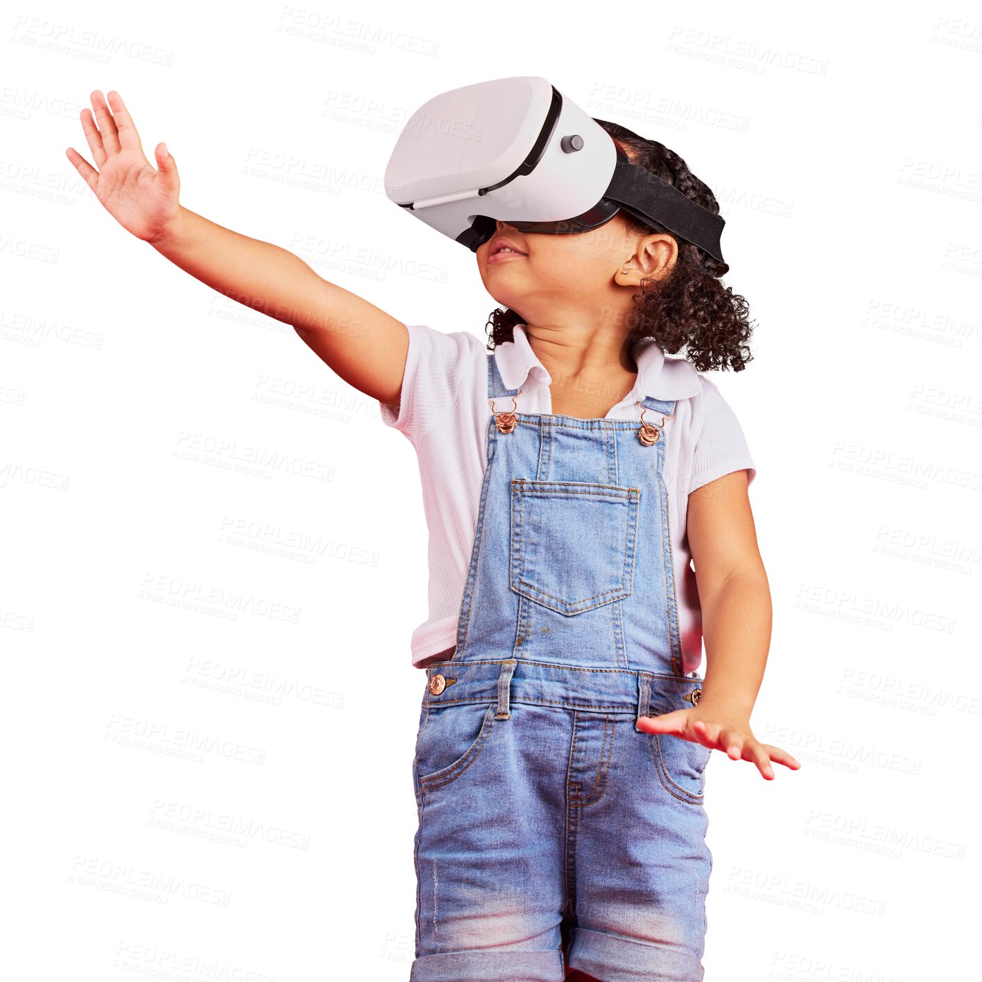 Buy stock photo Young child, girl with virtual reality and digital world, gaming and experience isolated on png transparent background. Metaverse, 3D and female kid, VR goggles and video games with future technology