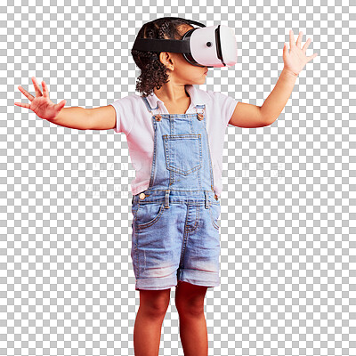 Buy stock photo Child, girl with virtual reality and metaverse, gaming and experience isolated on png transparent background. Digital world, 3D and young female kid, VR goggles and video games with future technology