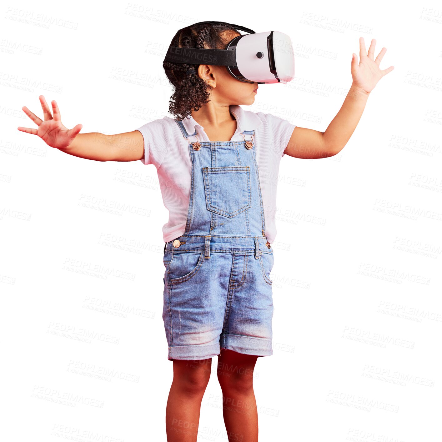 Buy stock photo Child, girl with virtual reality and metaverse, gaming and experience isolated on png transparent background. Digital world, 3D and young female kid, VR goggles and video games with future technology