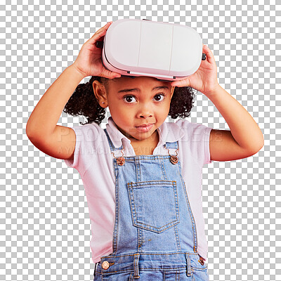 Buy stock photo Glasses, virtual reality and child face in metaverse, 3d games or futuristic technology in school. VR education, portrait and focus kid or girl for e learning isolated on transparent, png background