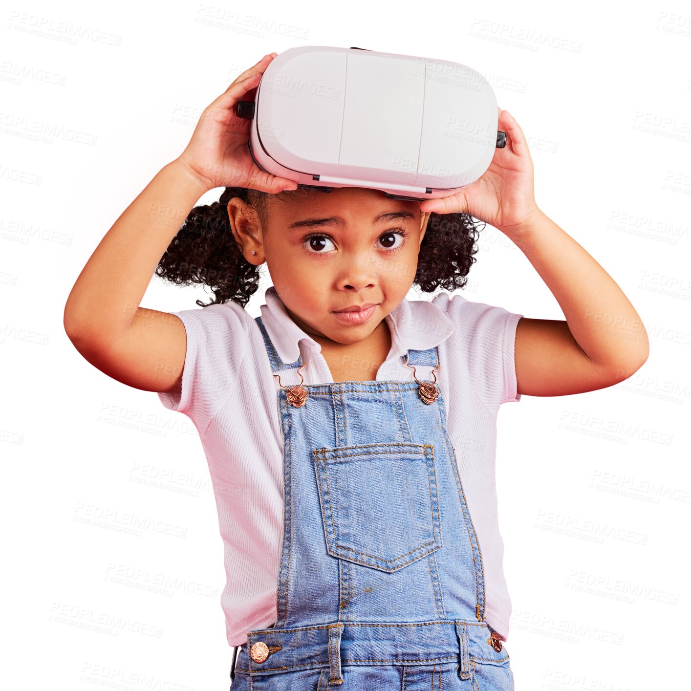 Buy stock photo Glasses, virtual reality and child face in metaverse, 3d games or futuristic technology in school. VR education, portrait and focus kid or girl for e learning isolated on transparent, png background