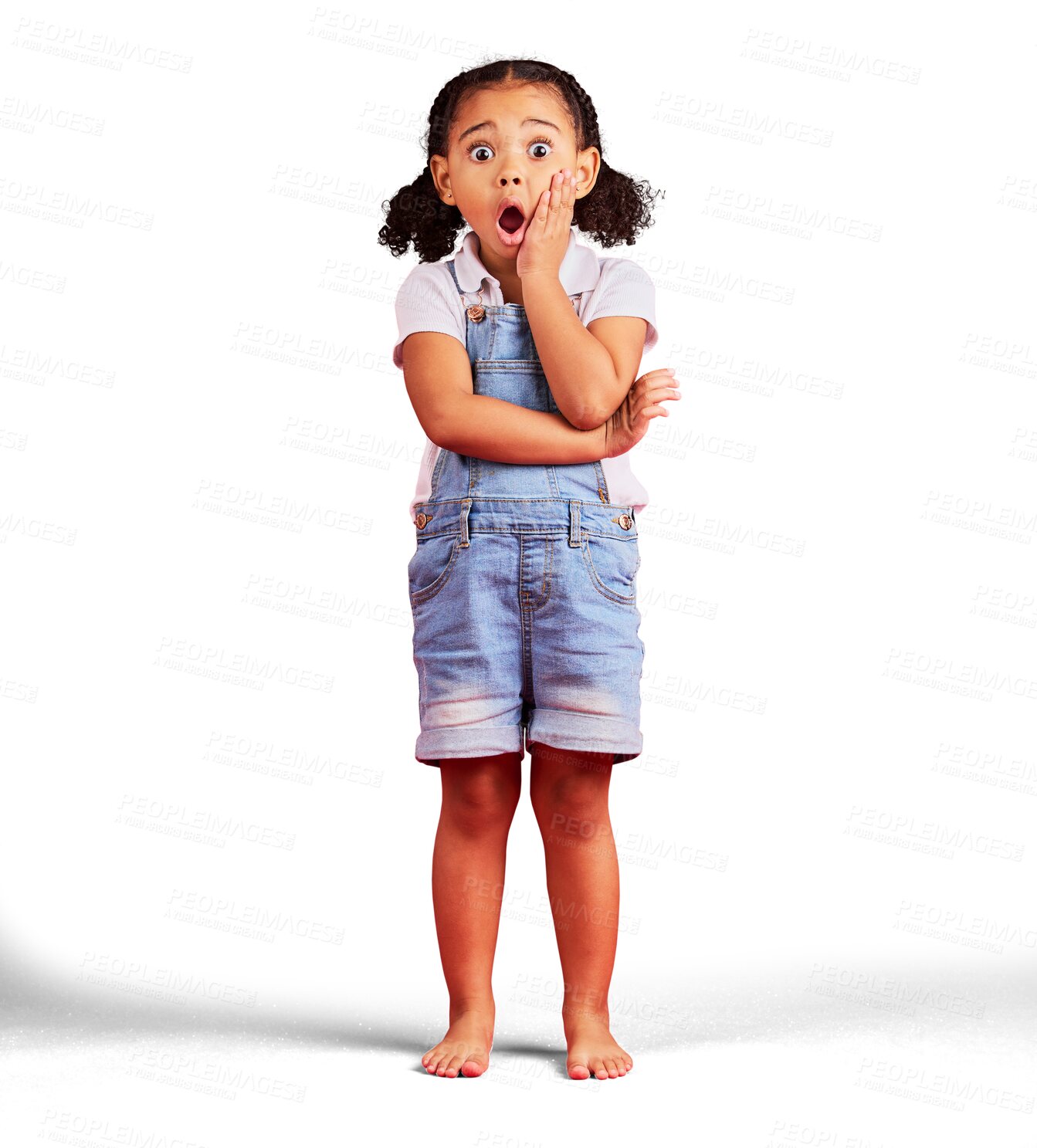 Buy stock photo Little girl, portrait and shocked hand on face standing isolated on a transparent PNG background. Surprise kid, child or emoji in wow facial expression for gossip, bad news or scary children story