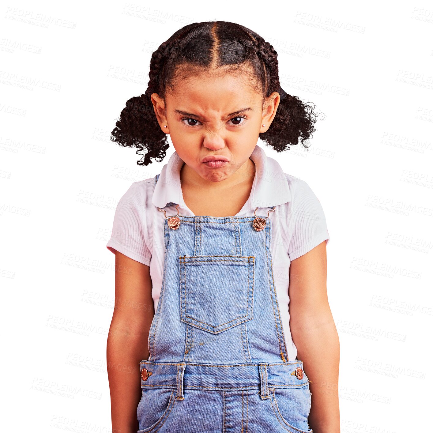 Buy stock photo Frustrated child, portrait and angry face standing isolated on a transparent PNG background. Mad, annoyed or grumpy little girl or stubborn kid in emoji, tantrum or anger attitude for problem issues