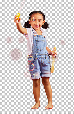Buy stock photo Young girl, happy and playing with bubbles, fun and happiness isolated on png transparent background. Kid activity, smile and female child is playful with toys, recreation and games with freedom