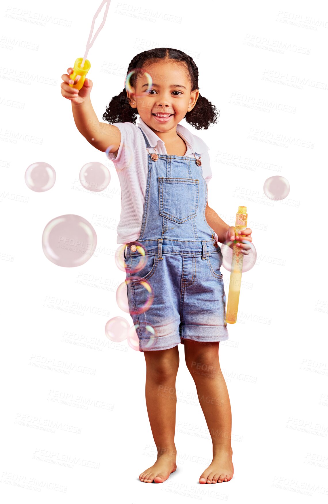 Buy stock photo Young girl, happy and playing with bubbles, fun and happiness isolated on png transparent background. Kid activity, smile and female child is playful with toys, recreation and games with freedom