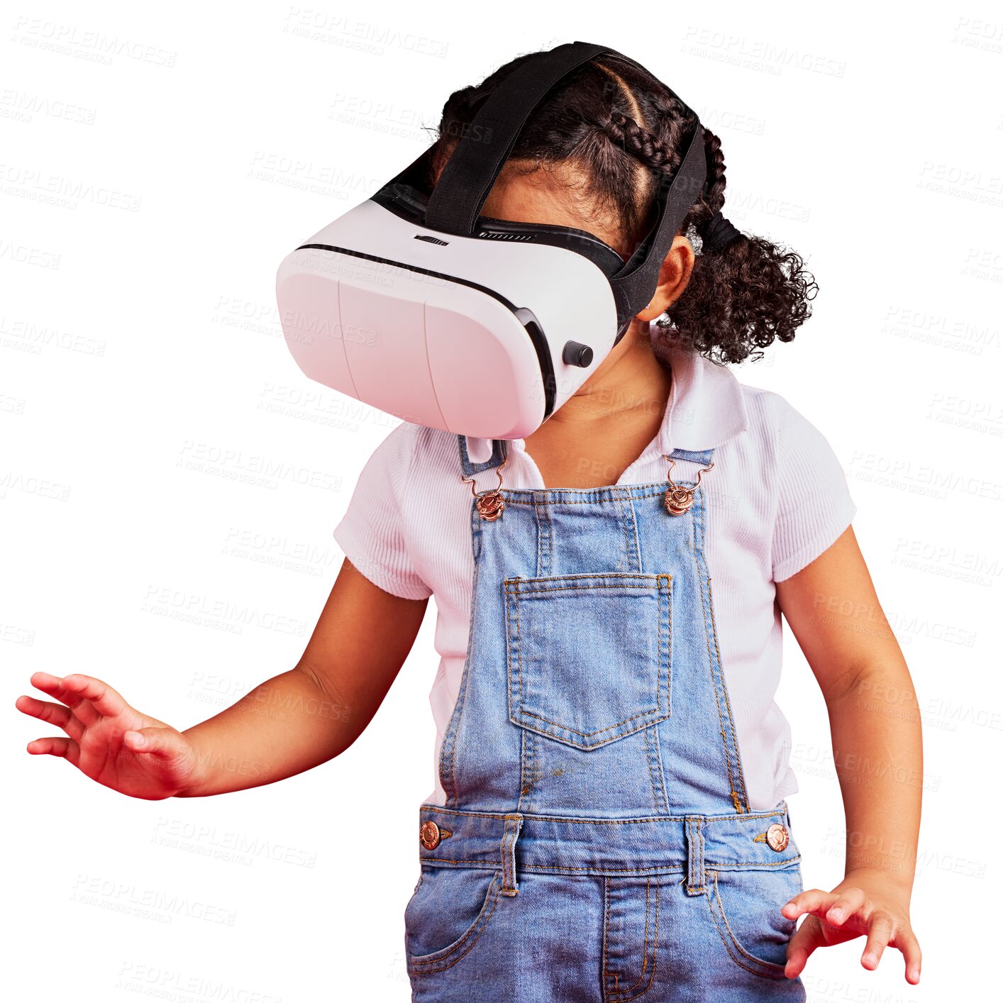 Buy stock photo Kid, girl with virtual reality and metaverse, gaming and experience isolated on png transparent background. Digital world, 3D and young female child, VR goggles and video games with future technology