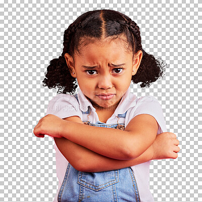 Child, arms crossed or sad portrait on isolated red background f