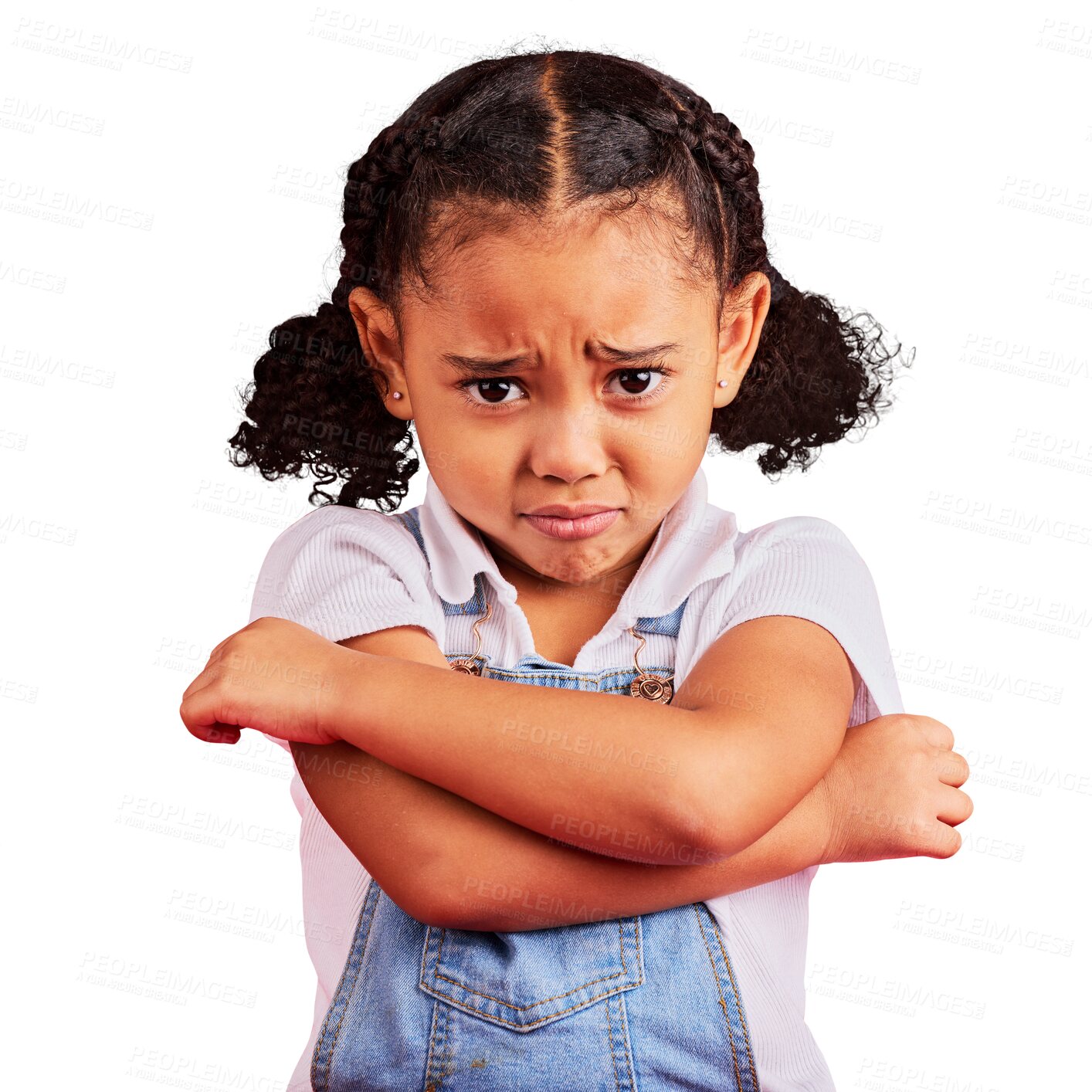 Buy stock photo Child, arms crossed or sad portrait and crying with depression, mental health or problem. Upset, unhappy or little girl sulking or looking grumpy isolated on a transparent png background for bullying