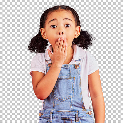 Buy stock photo Child wow, portrait and hand on mouth in secret, mistake and fail facial expression. Kid, little girl and surprise face for gossip, news or shocked while isolated on a transparent png background