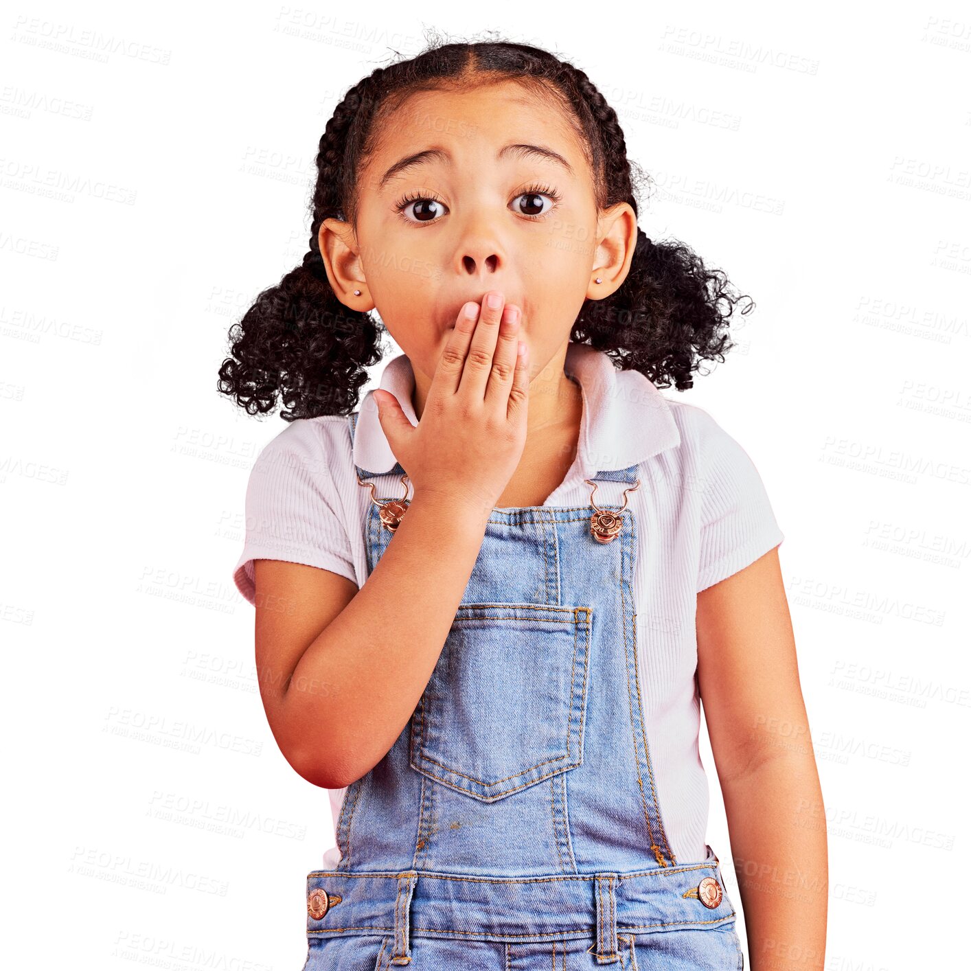 Buy stock photo Child wow, portrait and hand on mouth in secret, mistake and fail facial expression. Kid, little girl and surprise face for gossip, news or shocked while isolated on a transparent png background