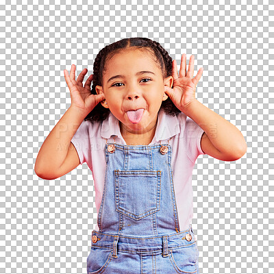 Buy stock photo Black girl, portrait and funny or happy with tongue in isolated or png with transparent background for comedy. Face, comic and kid with playful expression or crazy with silly emoji for goofy person.