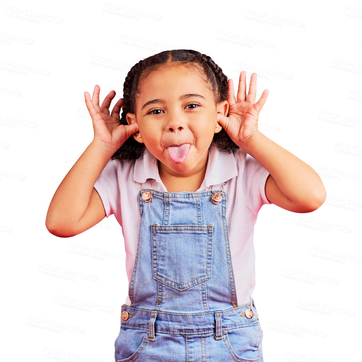 Buy stock photo Black girl, portrait and funny or happy with tongue in isolated or png with transparent background for comedy. Face, comic and kid with playful expression or crazy with silly emoji for goofy person.