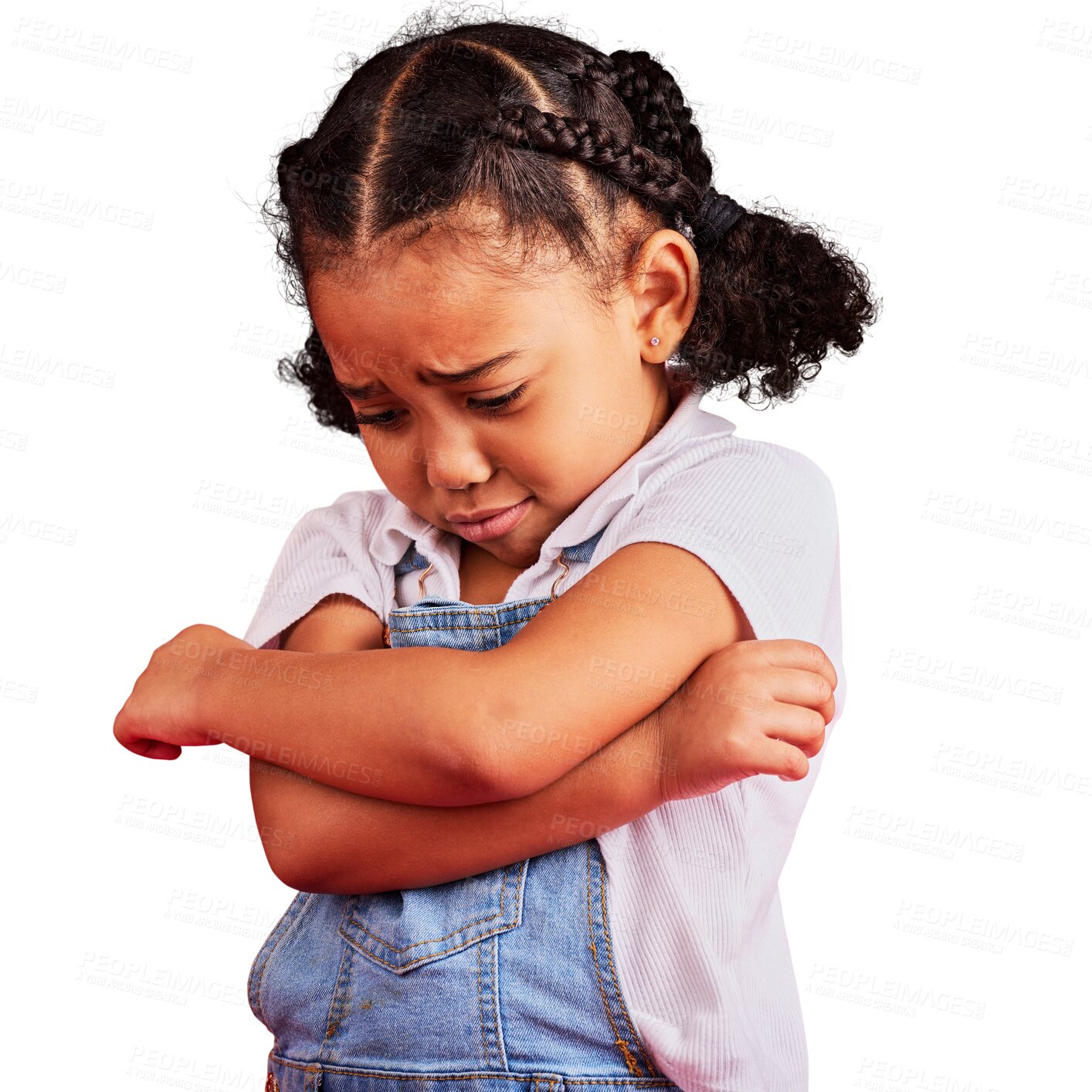 Buy stock photo Isolated girl child, sad and arms crossed with thinking, depression and anxiety by transparent png background. Young kid, fear and frustrated face with mental health, crying and angry in childhood