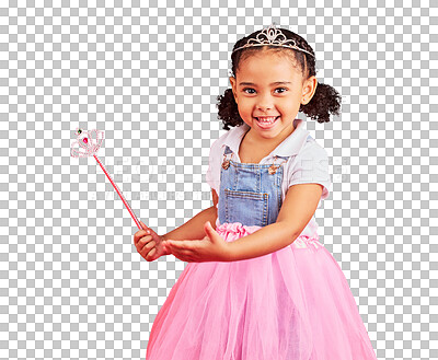 Buy stock photo Girl portrait, child and princess with magic wand, fantasy and  pink dress  isolated on transparent png background. Happy kid, fairytale clothes and fashion, crown and cosplay game in ballet skirt 