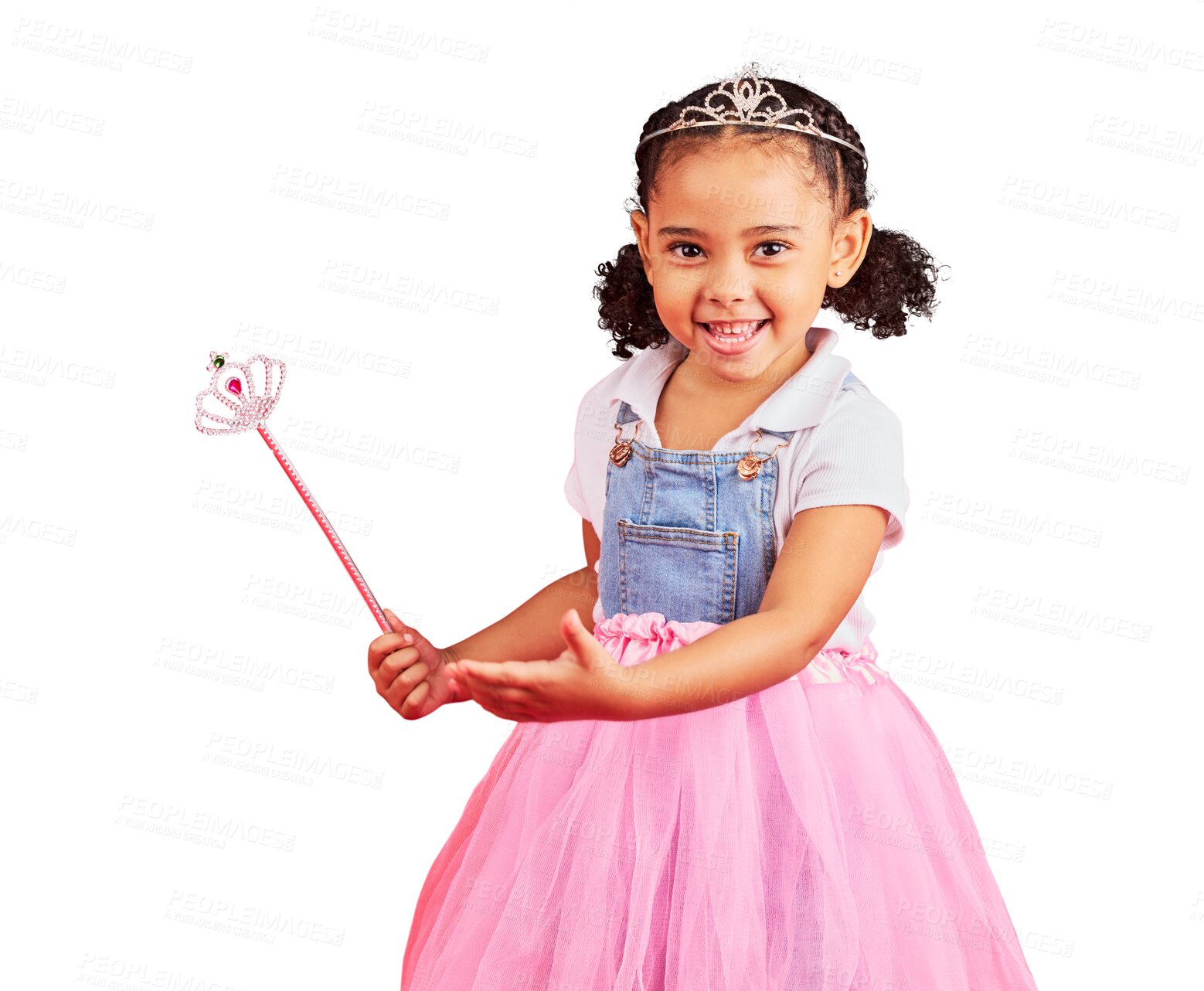 Buy stock photo Girl portrait, child and princess with magic wand, fantasy and  pink dress  isolated on transparent png background. Happy kid, fairytale clothes and fashion, crown and cosplay game in ballet skirt 