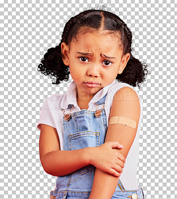 Buy stock photo Sad child, portrait and arm plaster for injection, covid vaccine or injury isolated on a transparent PNG background. Upset or unhappy little girl with bandage in medical help, healthcare or first aid
