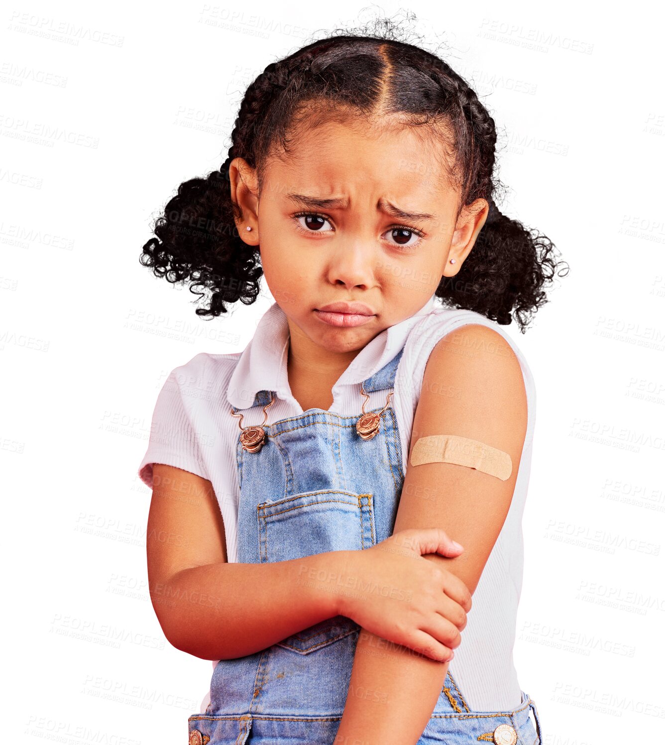 Buy stock photo Sad child, portrait and arm plaster for injection, covid vaccine or injury isolated on a transparent PNG background. Upset or unhappy little girl with bandage in medical help, healthcare or first aid