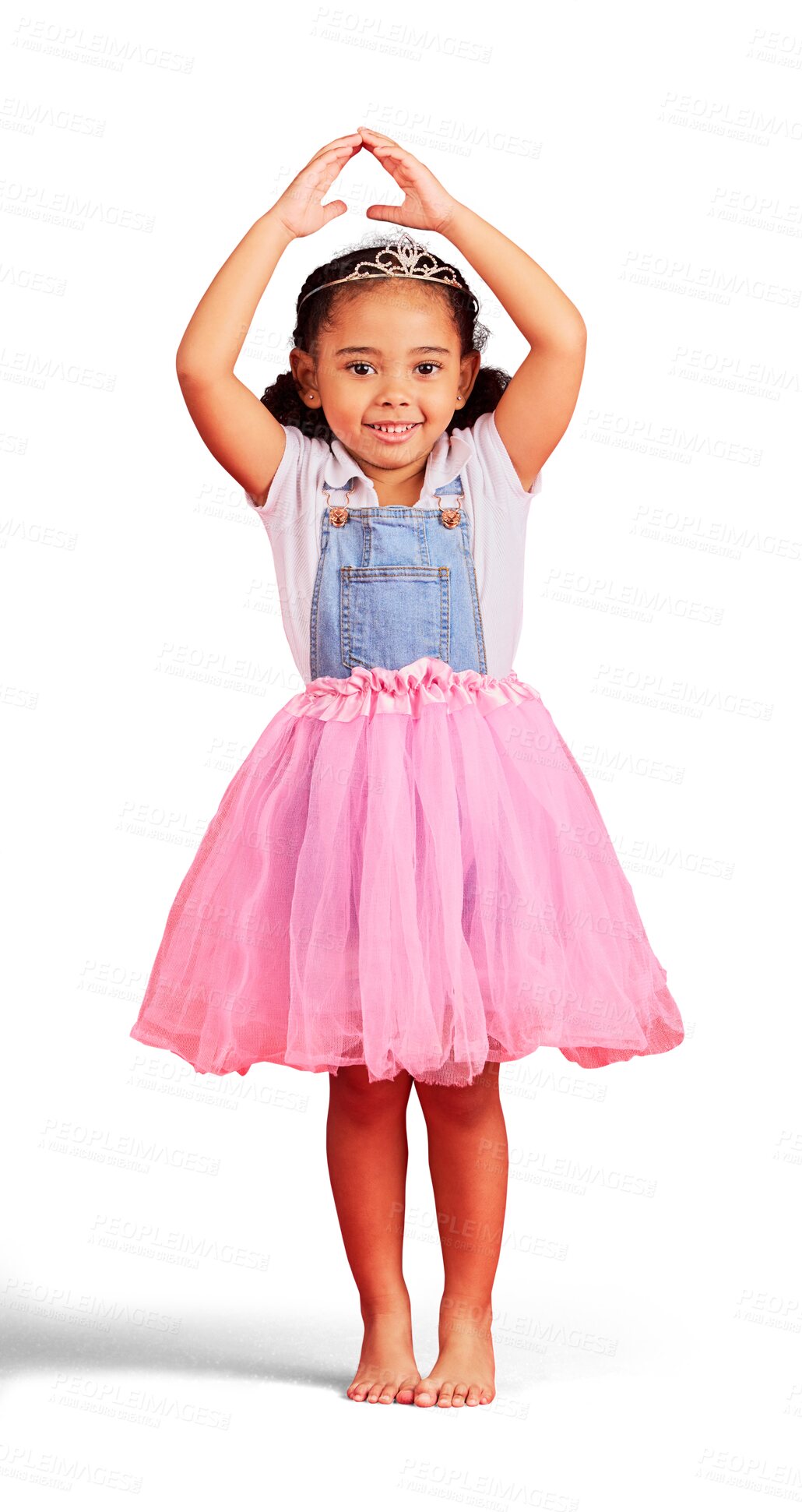 Buy stock photo Dancing, portrait and girl in princess dress, ballet and performance isolated on transparent png background. Child or kid in ballerina skirt, fairytale clothes and pink fashion or crown for dance