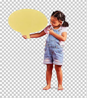 Buy stock photo Girl child, pointing at speech bubble with social media and voice isolated on png transparent background. News dialogue, announcement with voice and young female kid, mockup with comment or feedback