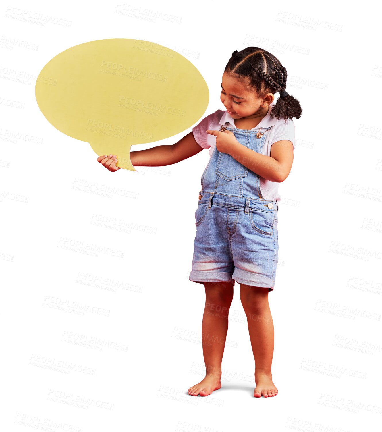 Buy stock photo Girl child, pointing at speech bubble with social media and voice isolated on png transparent background. News dialogue, announcement with voice and young female kid, mockup with comment or feedback