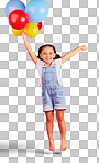 Little girl, portrait or jumping with balloons on isolated red b