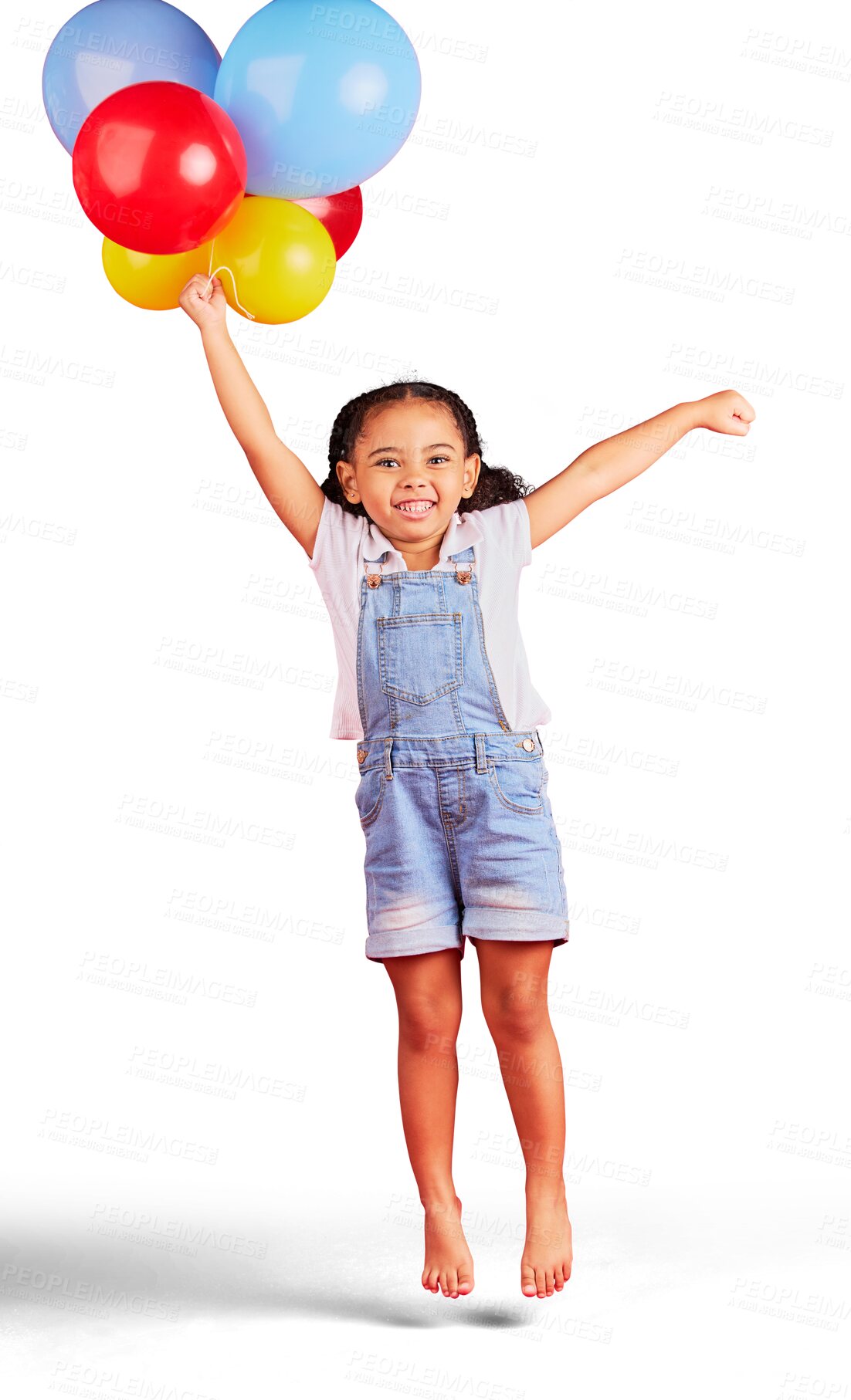 Buy stock photo Isolated girl child, balloons and floating in portrait at party, event or jump for game by transparent png background. Happy kid, playful and smile on face for celebration, fantasy and excited to fly