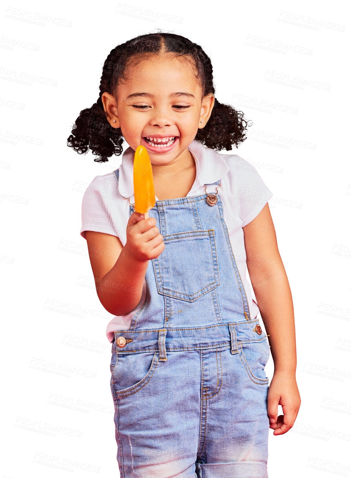 Buy stock photo Happy, excited and girl kid with a popsicle for cool snack or sweet treat for summer heat relief. Happiness, smile and young child model eating fruit ice cream isolated by transparent png background.