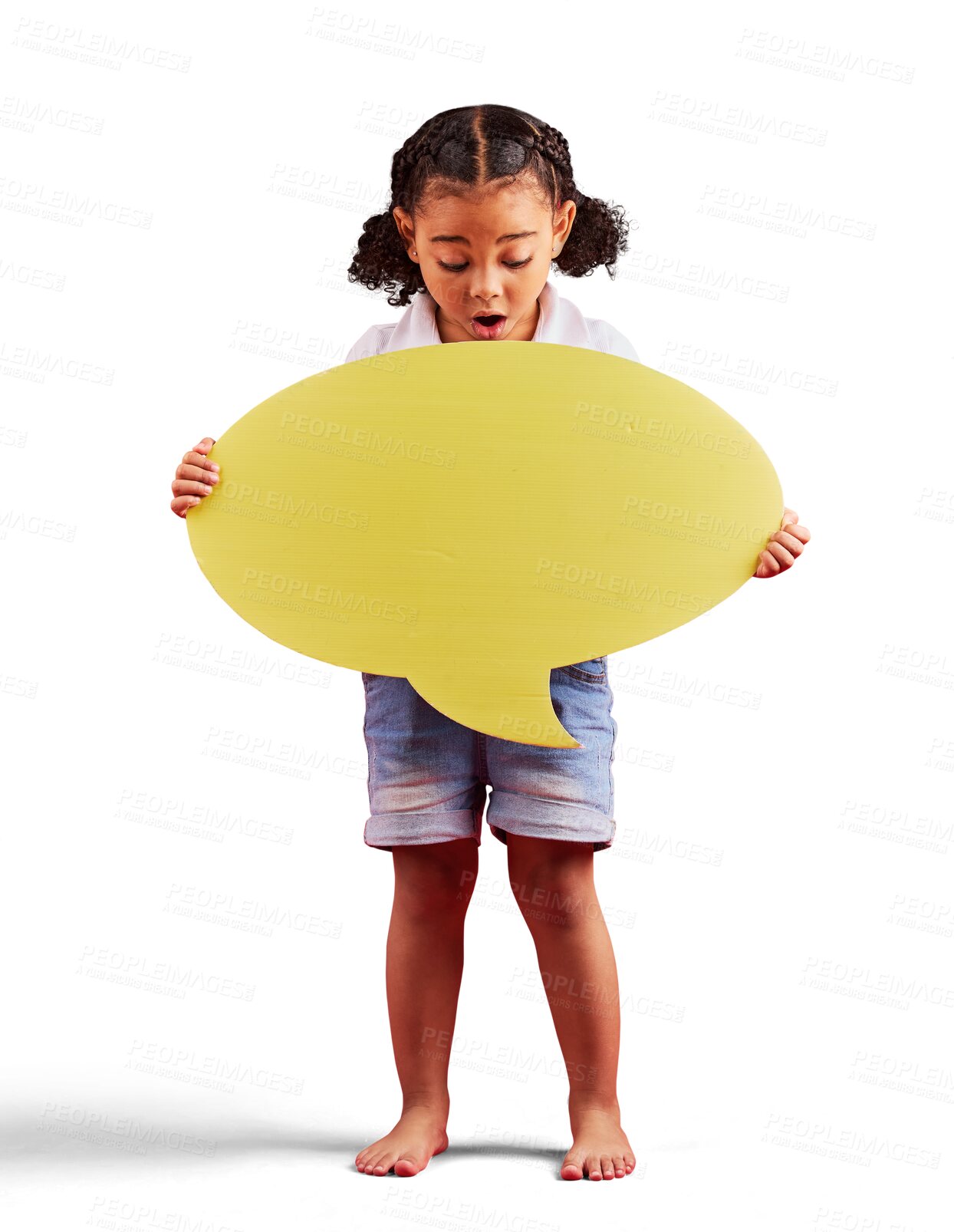 Buy stock photo Girl kid, speech bubble and surprise opinion with voice isolated on png transparent background. Wow for news dialogue, social media announcement and female child, mockup with comment or feedback
