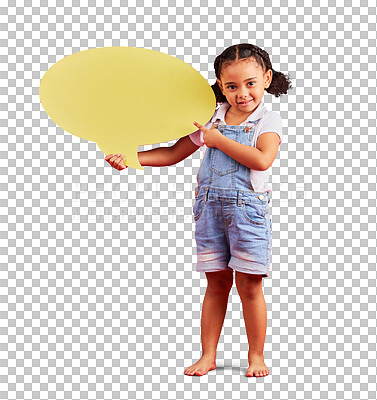 Buy stock photo Girl kid, pointing at speech bubble in portrait, opinion and voice isolated on png transparent background. News dialogue, social media announcement and female child, mockup with comment or feedback