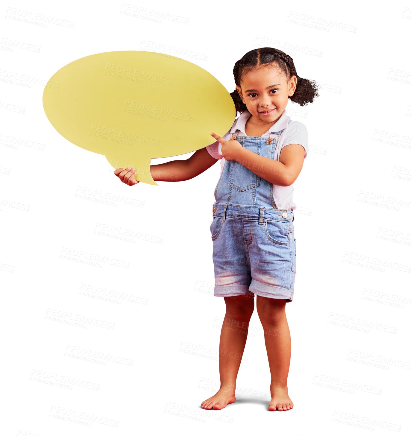 Buy stock photo Girl kid, pointing at speech bubble in portrait, opinion and voice isolated on png transparent background. News dialogue, social media announcement and female child, mockup with comment or feedback