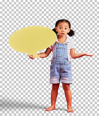 Confused, kid or portrait of speech bubble ideas, opinion or vot
