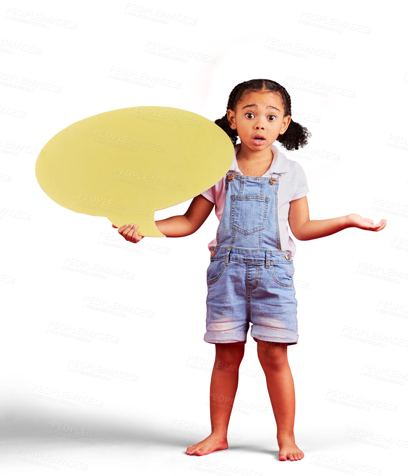 Buy stock photo Child, confused and speech bubble for questions, wow school FAQ space isolated on transparent, png background. Social media, kids information and girl speaking or chat with paper or cardboard poster