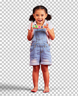 Buy stock photo Learn blocks, education and portrait of child standing isolated on a transparent PNG  background. Happy little girl or kid smile with wooden letters for learning, reading or kindergarten knowledge