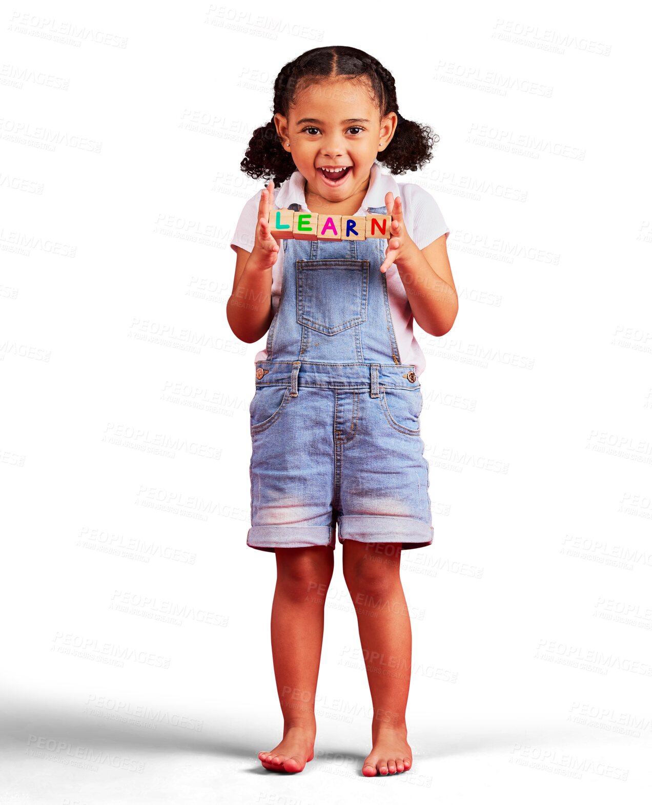 Buy stock photo Learn blocks, education and portrait of child standing isolated on a transparent PNG  background. Happy little girl or kid smile with wooden letters for learning, reading or kindergarten knowledge